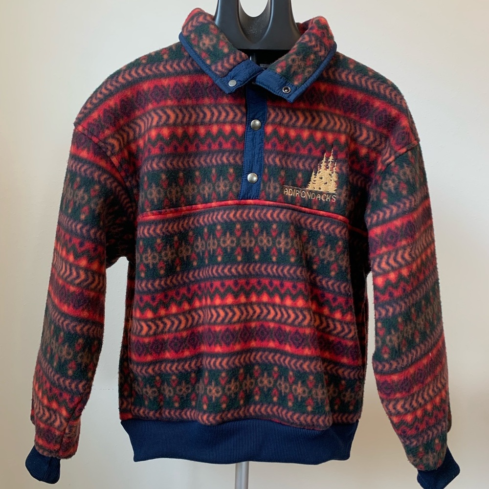Vintage Arctic Image Embroidered Sweater Men Striped Pullover Fleece Small
